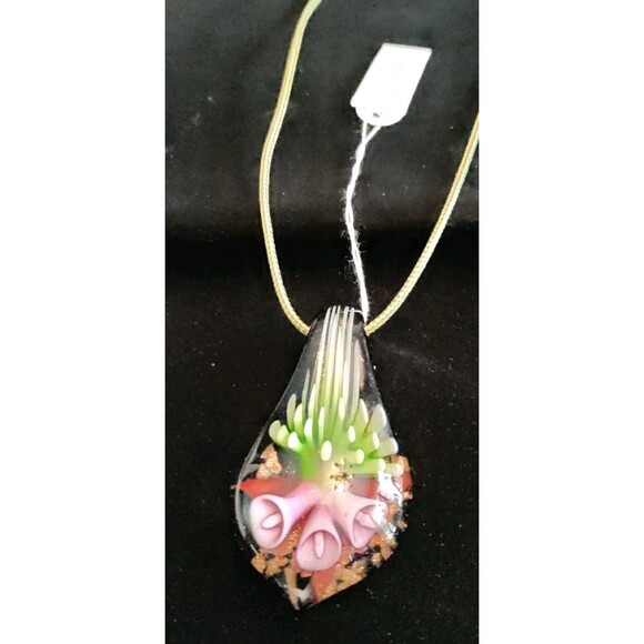 Murano Jewelry - Murano Glass Green & Pink Pendant On Green Cord